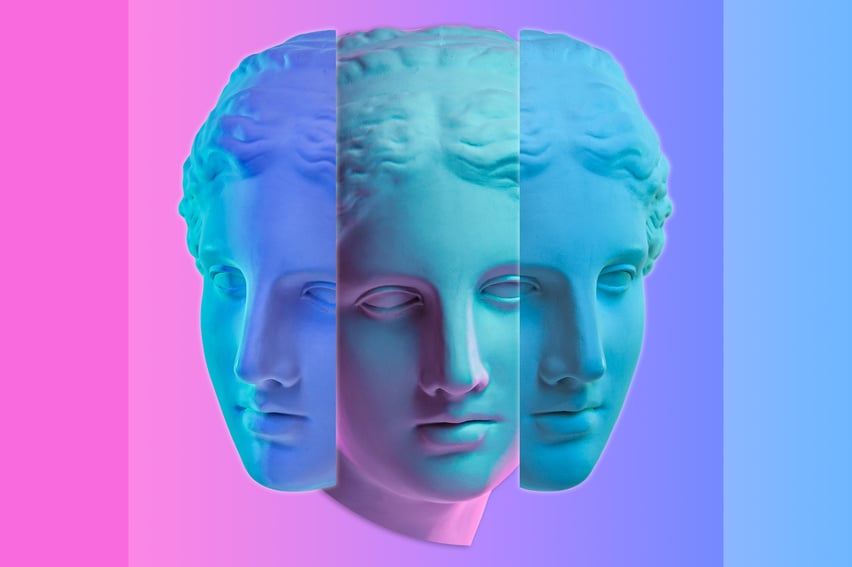 Statue of Venus de Milo. Creative concept colorful neon image with ancient greek sculpture Venus or Aphrodite head. Webpunk, vaporwave and surreal art style. Pink and blue duotone effects.